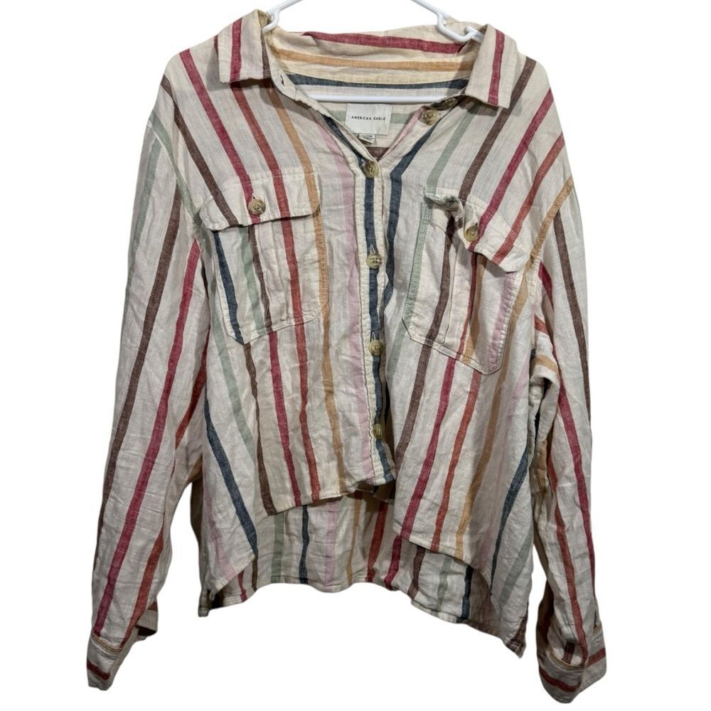 American Eagle Pastel Striped Linen Blend Long Sleeve Button Down Shirt